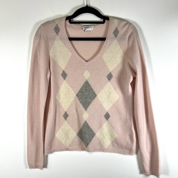 Charter Club 100% Cashmere Sweater‎ Argyle Womens M Gray Pink V Neck 2 Ply Cozy - Picture 1 of 9